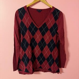 Tommy Hilfiger Burgundy and Navy Fitted Argyle Blouse
